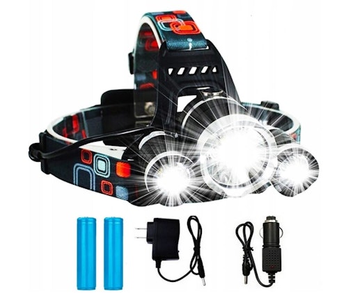 Kraftig LED hodelykt Headlamp 3 x Cree T6 (2000 lumens).