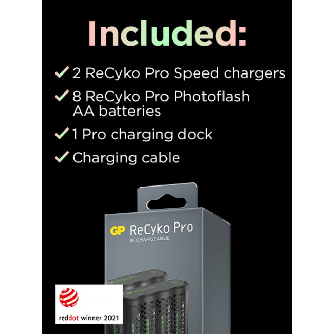 GP ReCyko 2st Pro Charger M461 (USB) med laddstation D861, inkl. 8st AA 2000mAh PHOTOFLASH NiMH-batterier