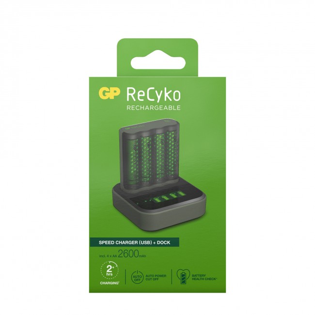 GP ReCyko Speed-batteriladdare M451 (USB) med laddningsdocka D451, inkl. 4st AA 2600mAh NiMH-batterier