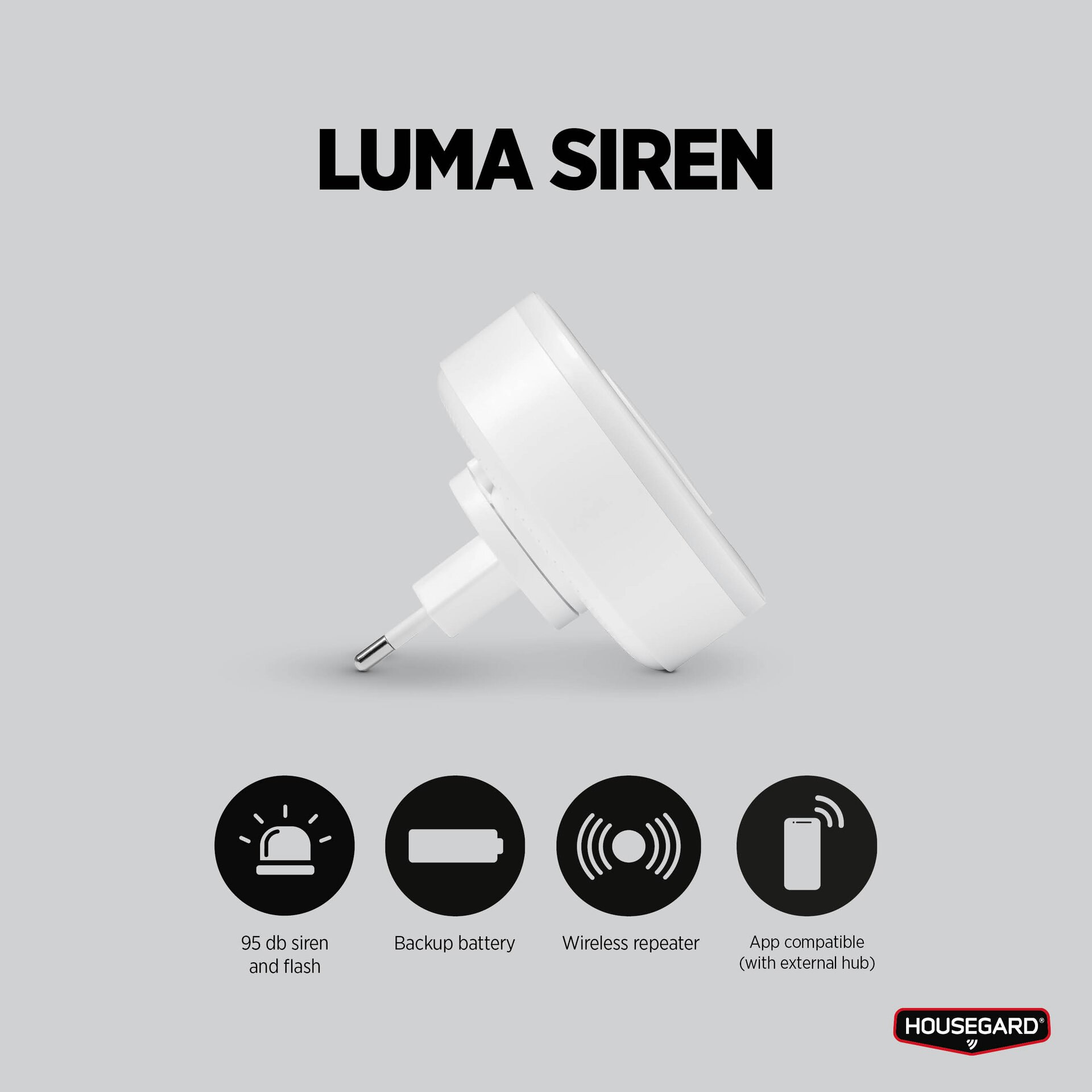 Housegard Luma, trådlös siren, 230V inkl batteribackup