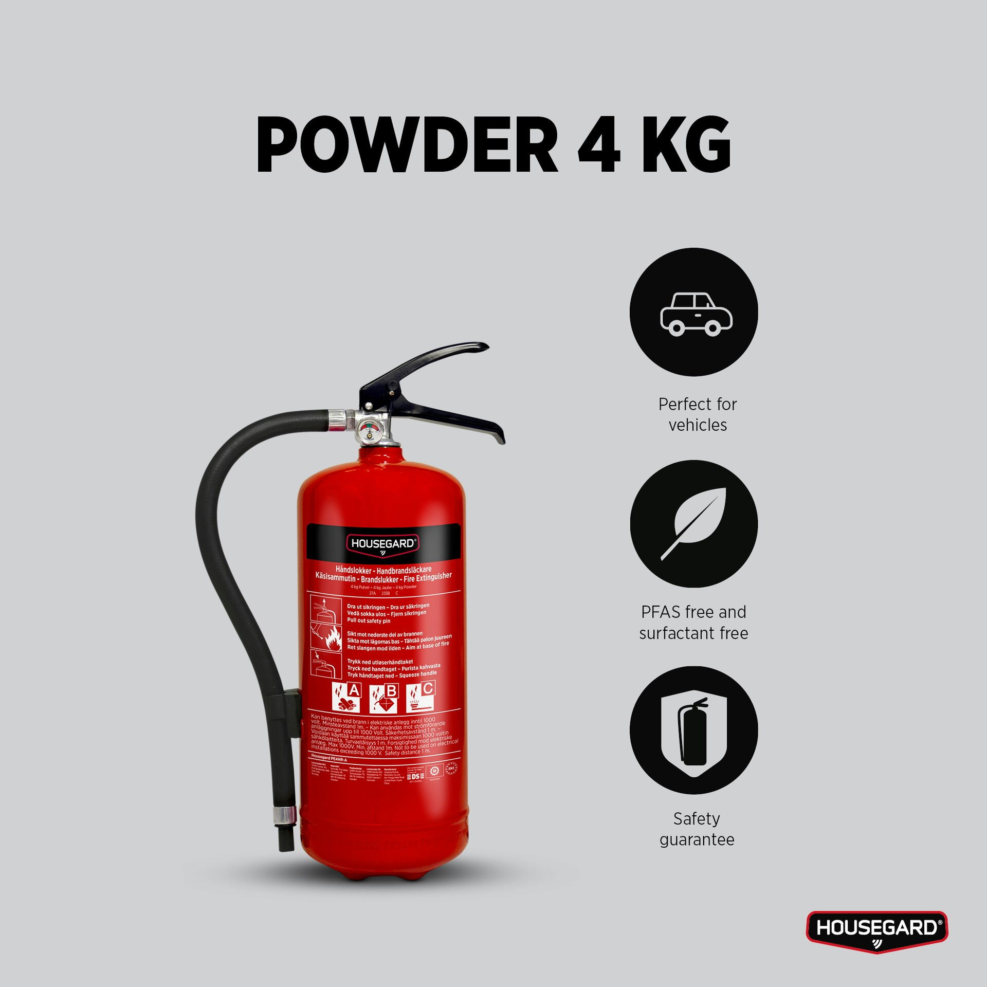 Housegard 4 kg pulversläckare, röd, PE4HR-A
