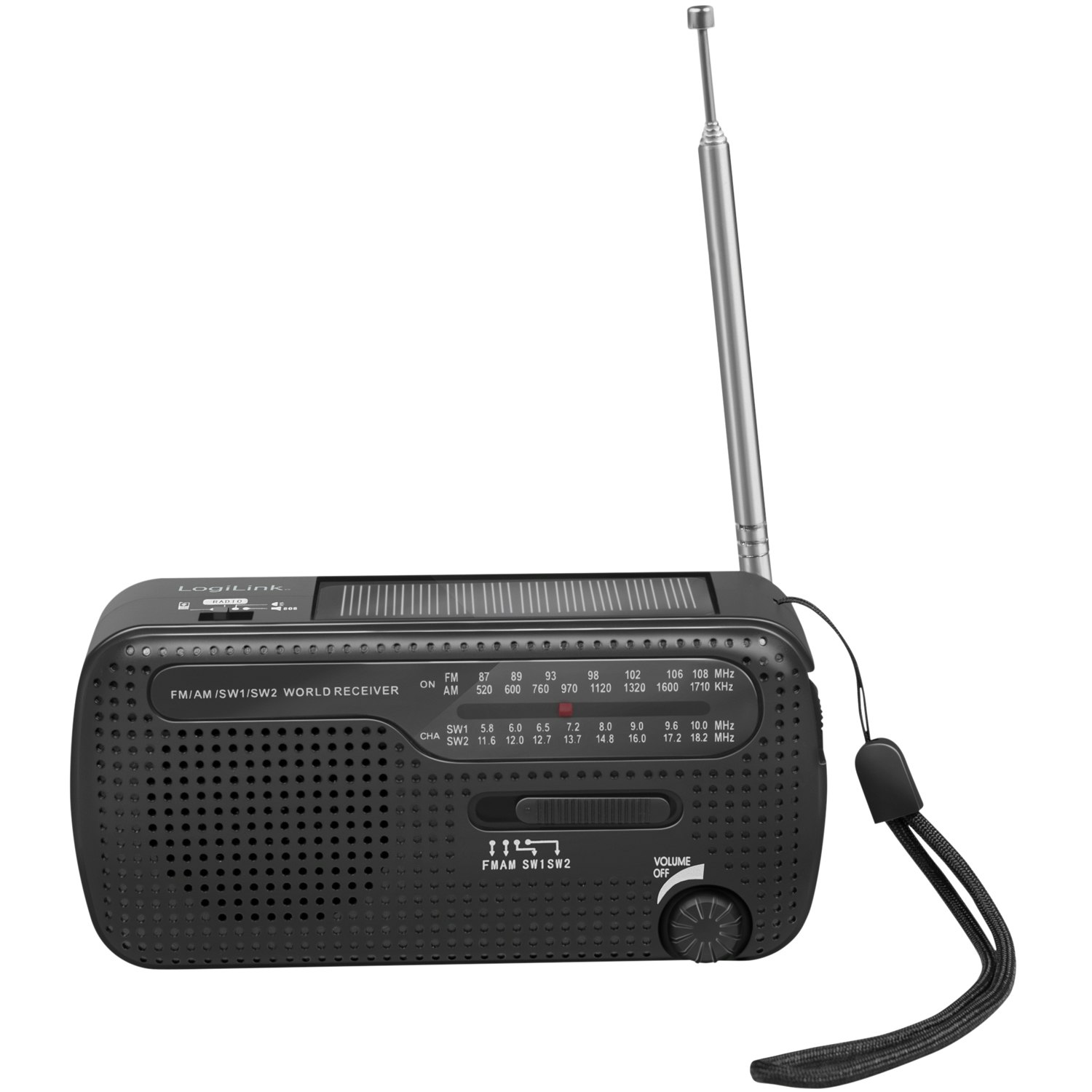 Nödradio/Vevradio med ficklampa och solcell Svart