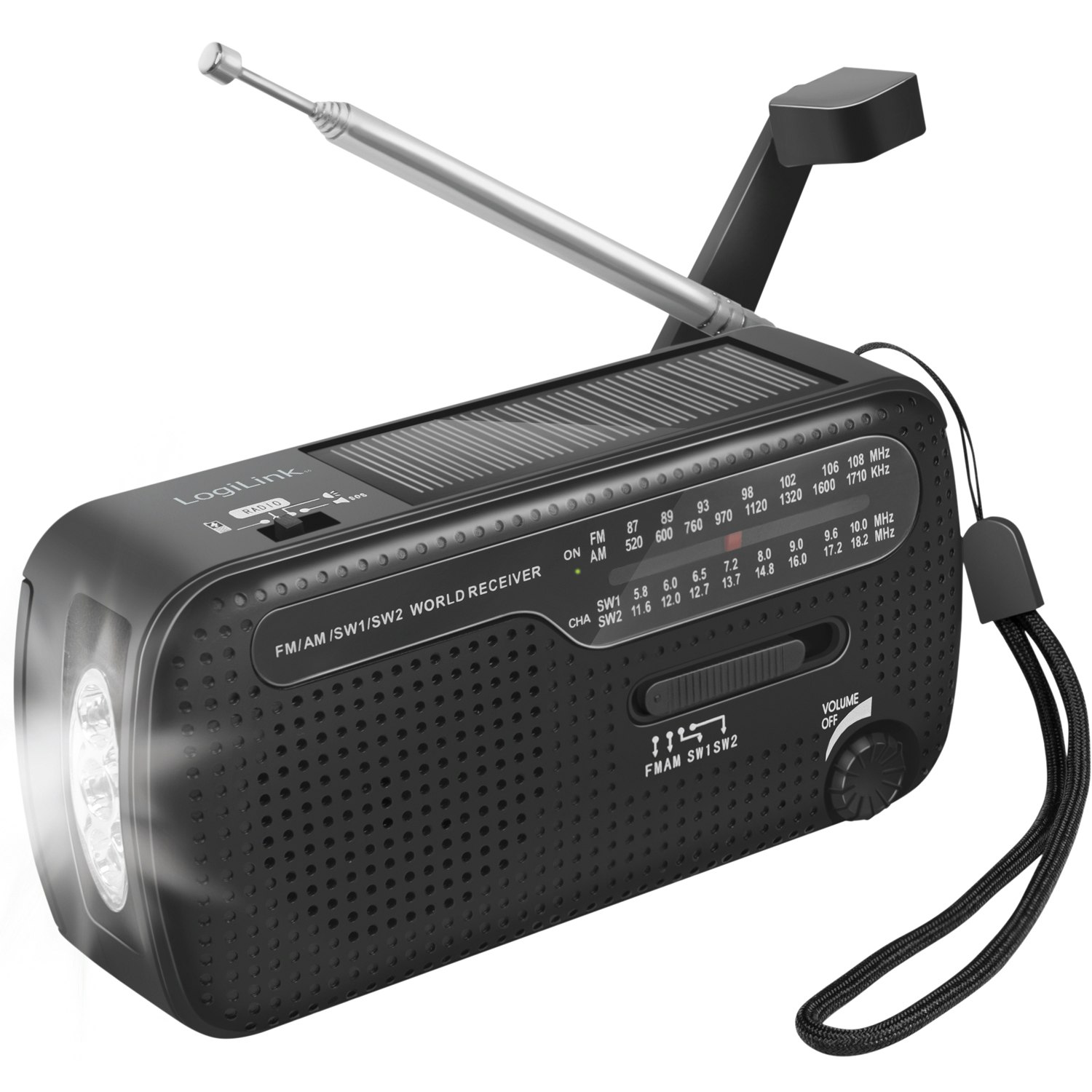 Nödradio/Vevradio med ficklampa och solcell Svart