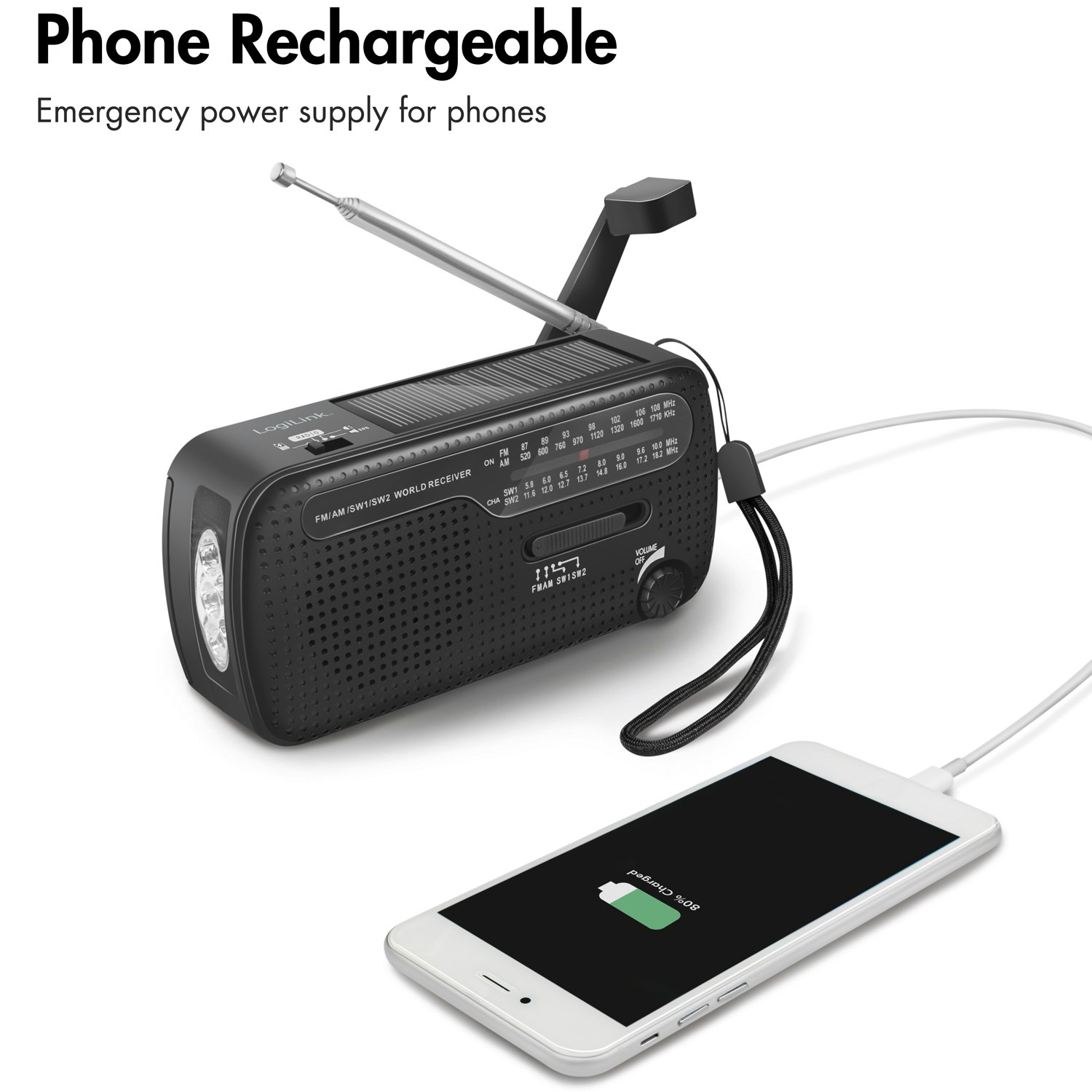 Nödradio/Vevradio med ficklampa och solcell Svart