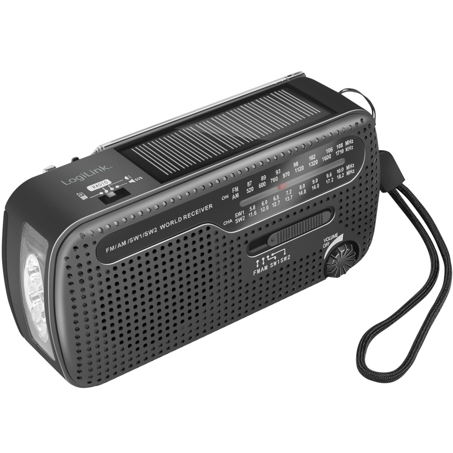 Nödradio/Vevradio med ficklampa och solcell Svart