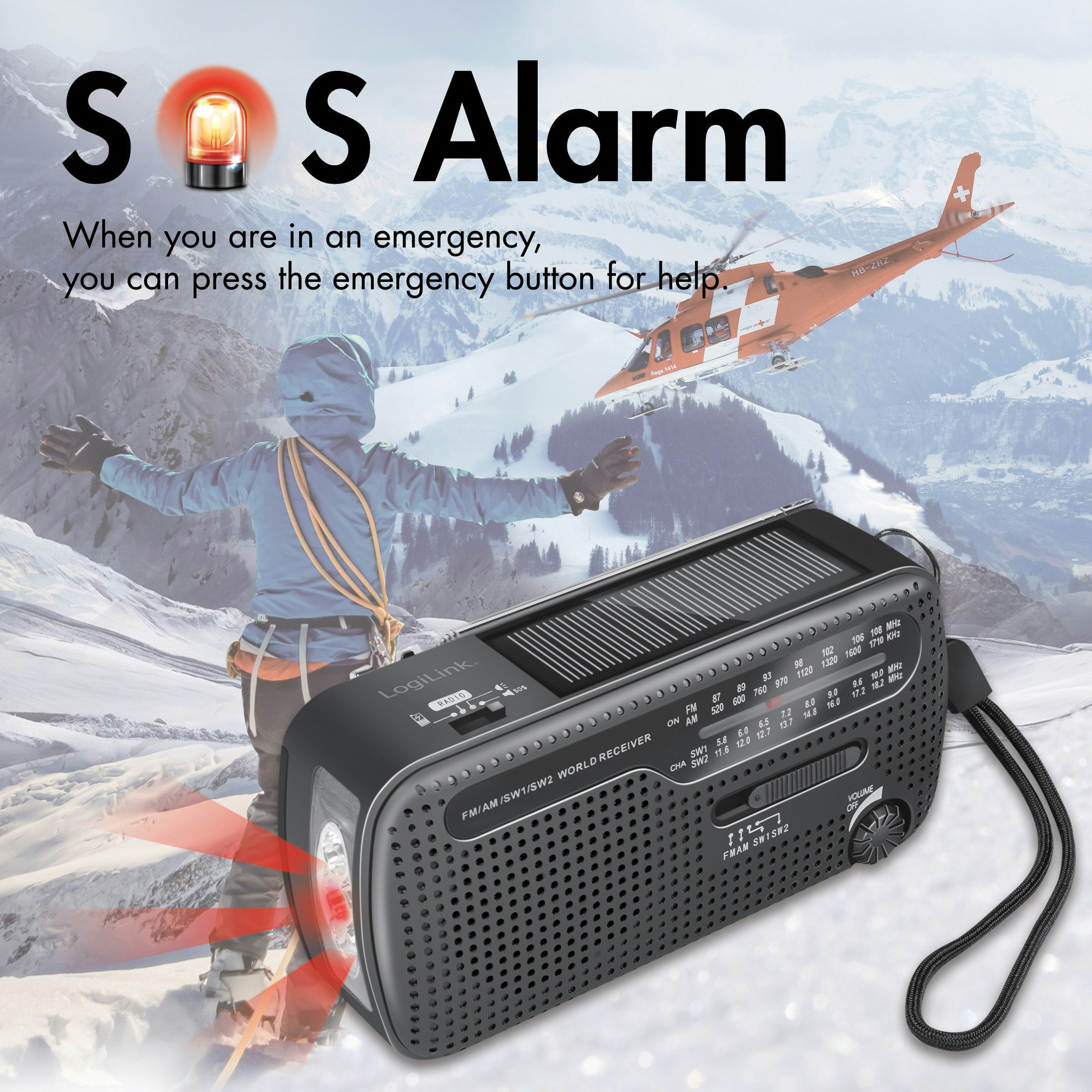 Nödradio/Vevradio med ficklampa och solcell Svart
