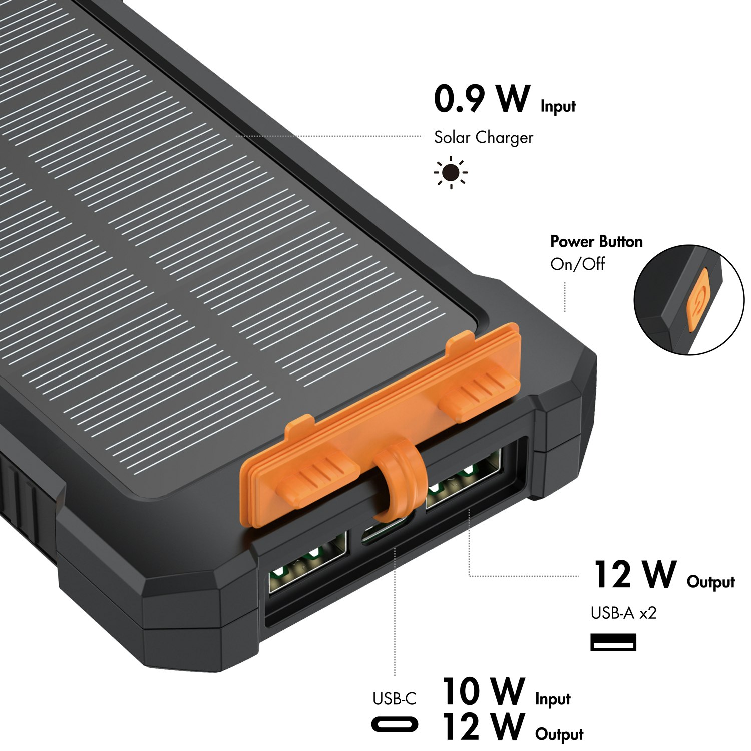 PowerBank 10.000 mAh 12W Solcell Svart