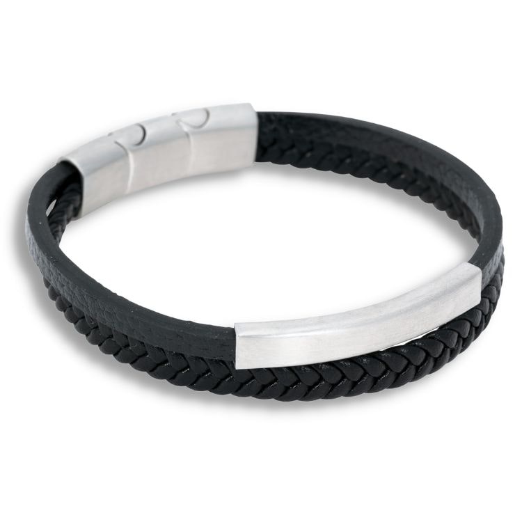 Svart läderarmband med dubbla remmar och graverbar yta för män.