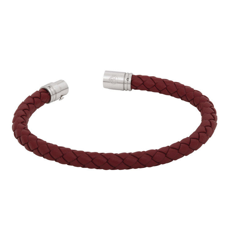 Leather bracelet, braided with clasp in steel, red