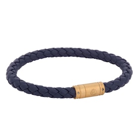Leather bracelet, braided with clasp in steel, blue/gold