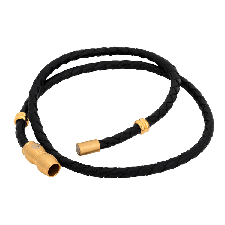 Leather bracelet, braided double/steel details, black/gold