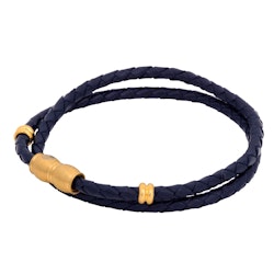 Leather bracelet, braided double/steeldetails, blue/gold