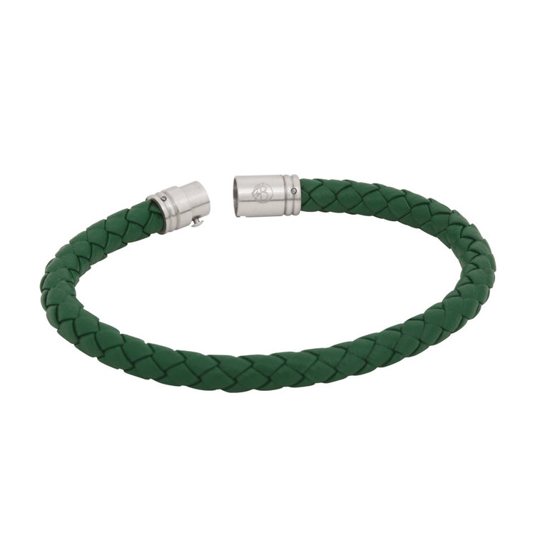 Leather necklace, braided with steel locker, green
