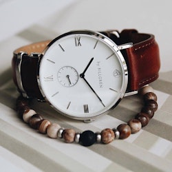 Gustaf leather watch, brown + bead bracelet, opal, beige set