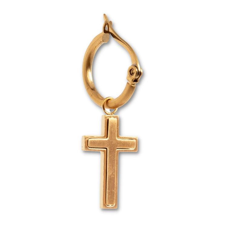 Ett guldfärgat stålörhänge med kors för herr.