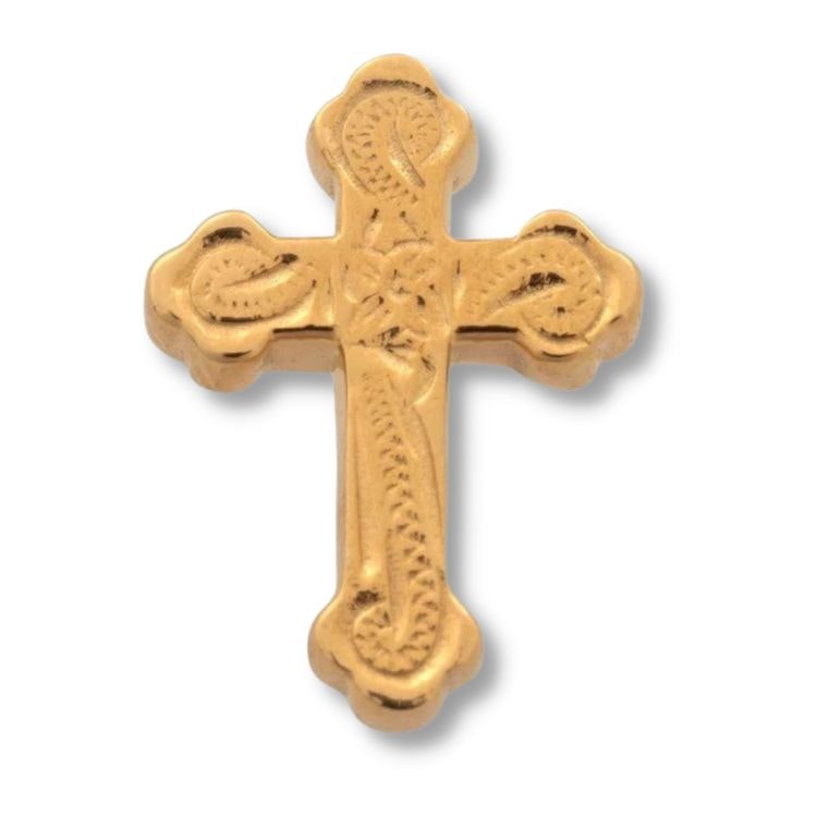 Ett guldfärgat stålörhänge med kors för herr.