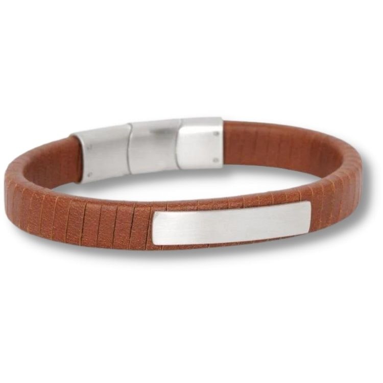 Brunt läderarmband med graverbar bricka för herr.