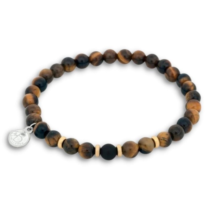 Ett beadsarmband med bruna, svarta och guldfärgade stenar för herr.