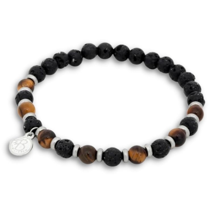 Ett beadsarmband med bruna och svarta stenar för herr.