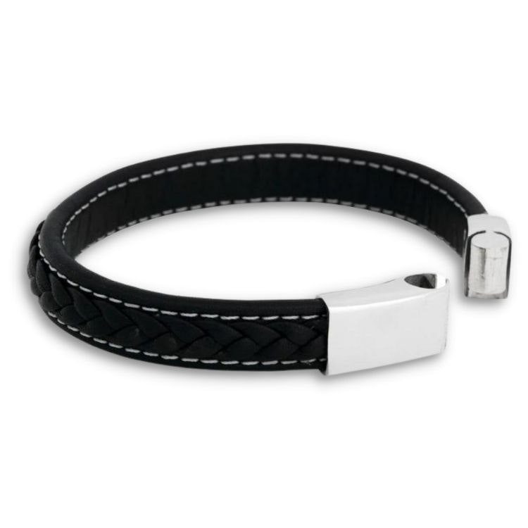 Svart flätat läderarmband med lås för herr.