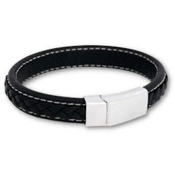Leather bracelet, braided with  clasp in steel, black