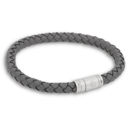 Leather bracelet, braided with clasp in steel, grey