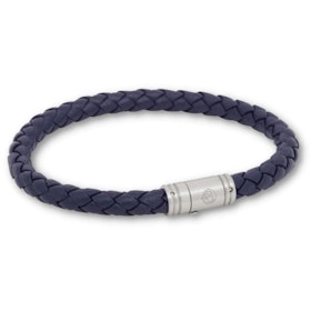 Leather bracelet, braided with clasp in steel, blue