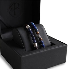 Bracelet set, beads/leather, brown/blue
