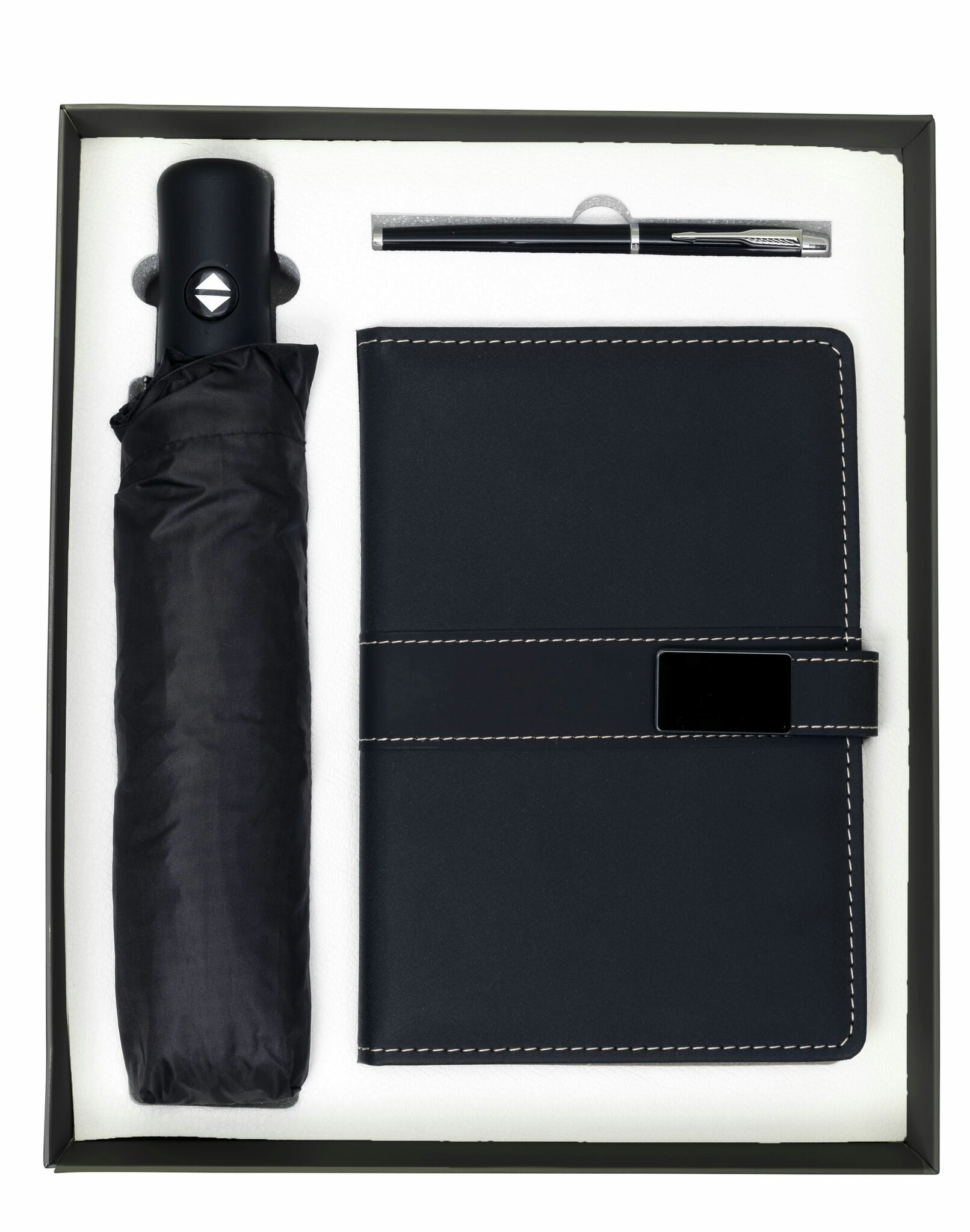 Presentbox med anteckningsbok, penna och paraply