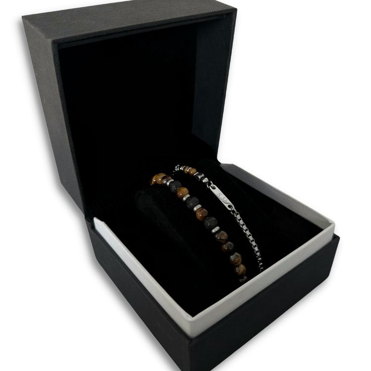 Armbandsset med stålarmband och beadsarmband i bruna toner