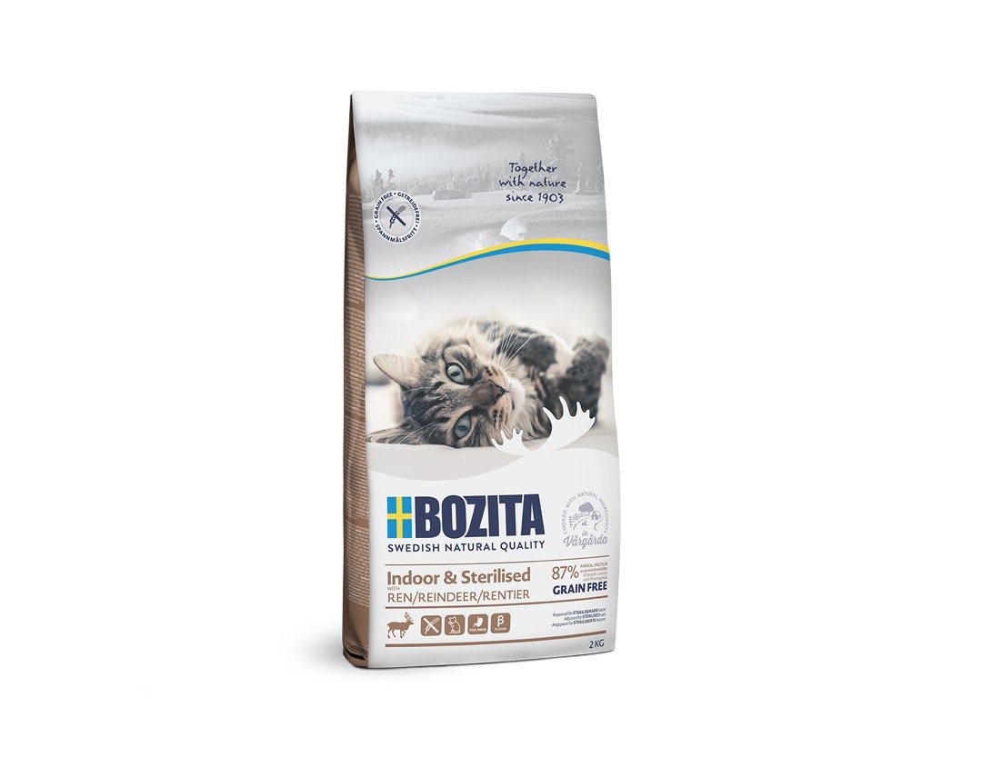Framsida av Bozita Indoor & Sterilised Grain Free Reindeer 2kg