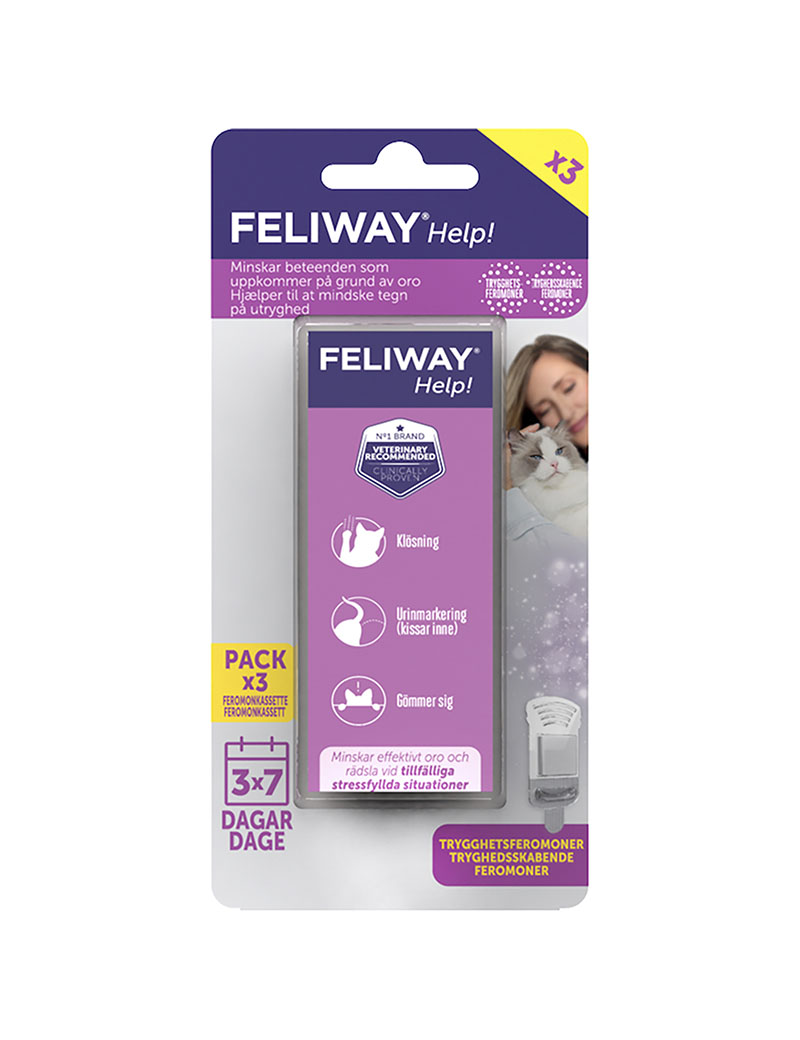 Feliway Help Refill fortfarande i sin förpackning. Trepack. Förpackningen är rosa och avlång.