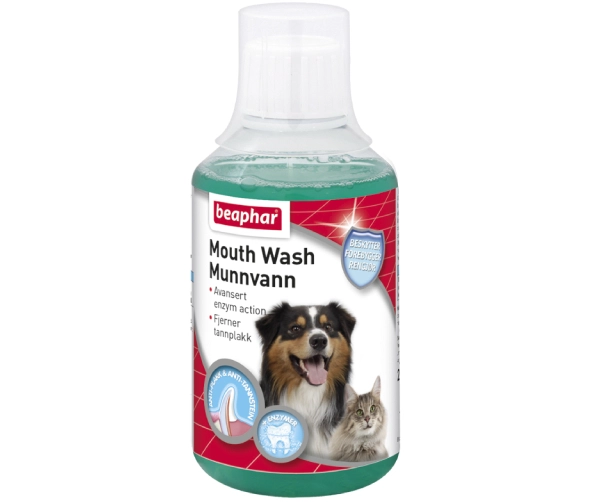 Framsidan av Beaphars munvatten, en lösning för dålig andedräkt hos hundar och katter.