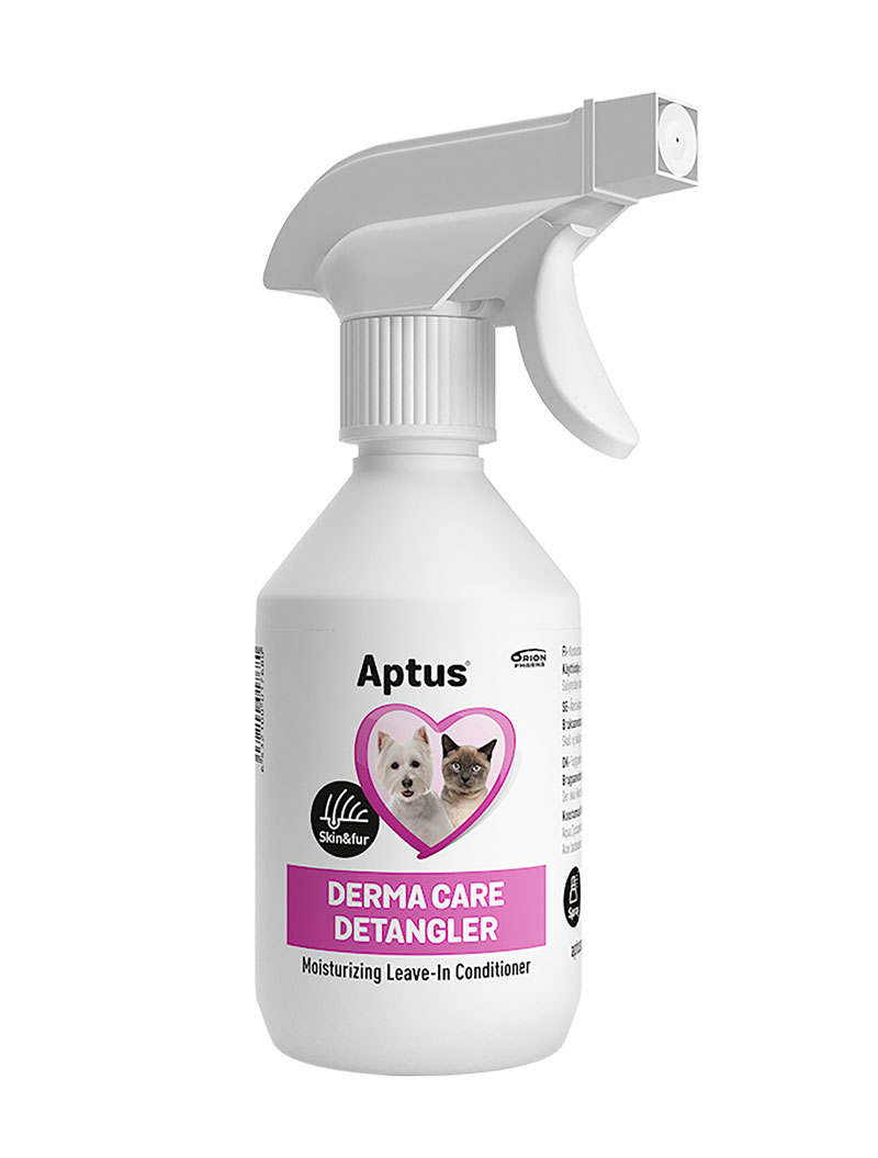 Framsidan av Aptus Derma Care Detangler Spraybalsam för hundar och katter.