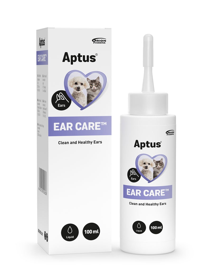Framsidan av Aptus Ear Care, öronrengöring för katter och hundar.