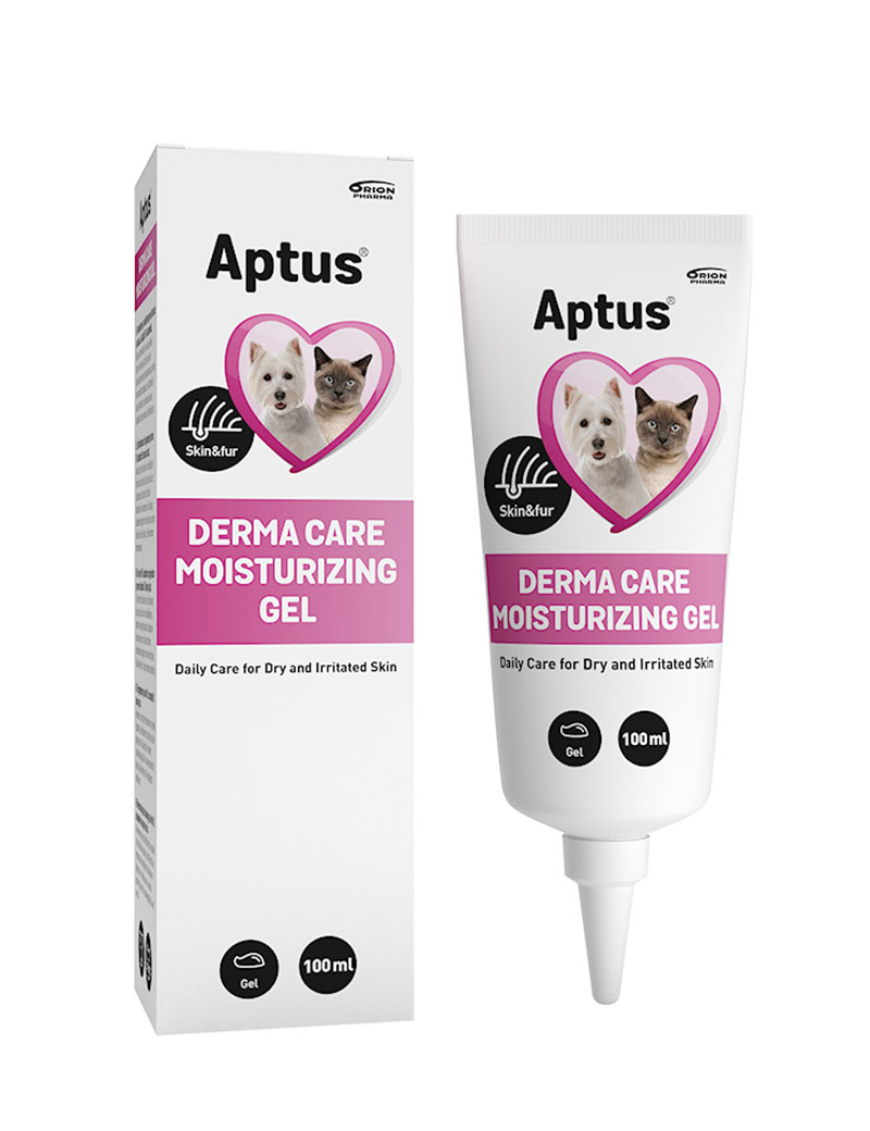 Framsidan av Aptus Derma Care Moisturizing Gel. Används för torr hud hos hund och katt.