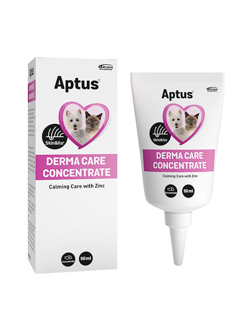 Framsida av Aptus Derma Care Concentrate. På framsidan visas en söt katt och en stilig hund.