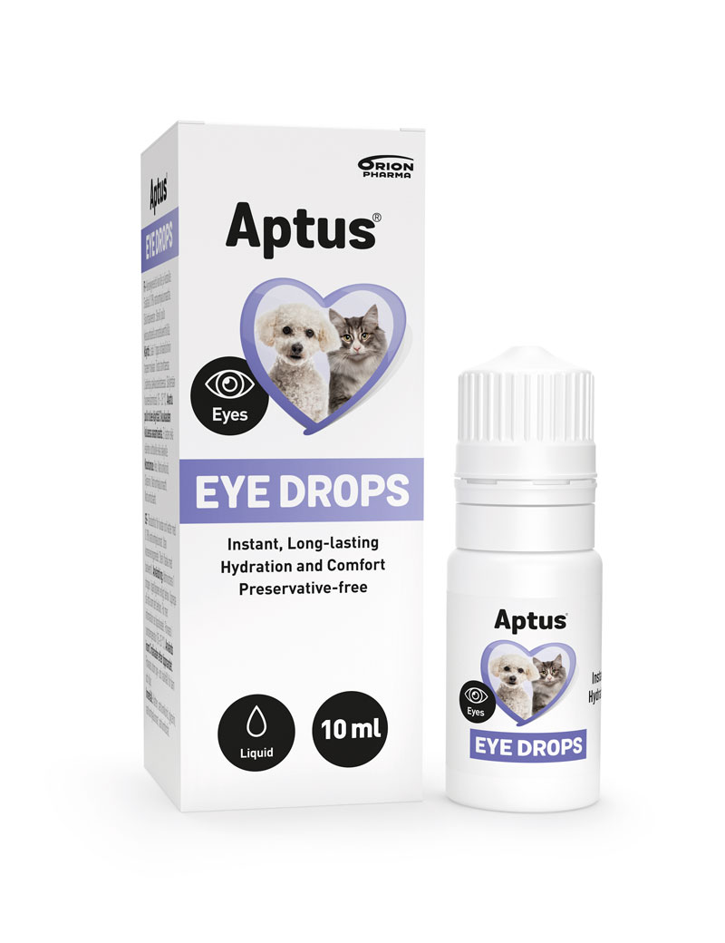 Framsidan av Aptus Eye Drops för hund och katt. Ögondroppar till katter och hundar.