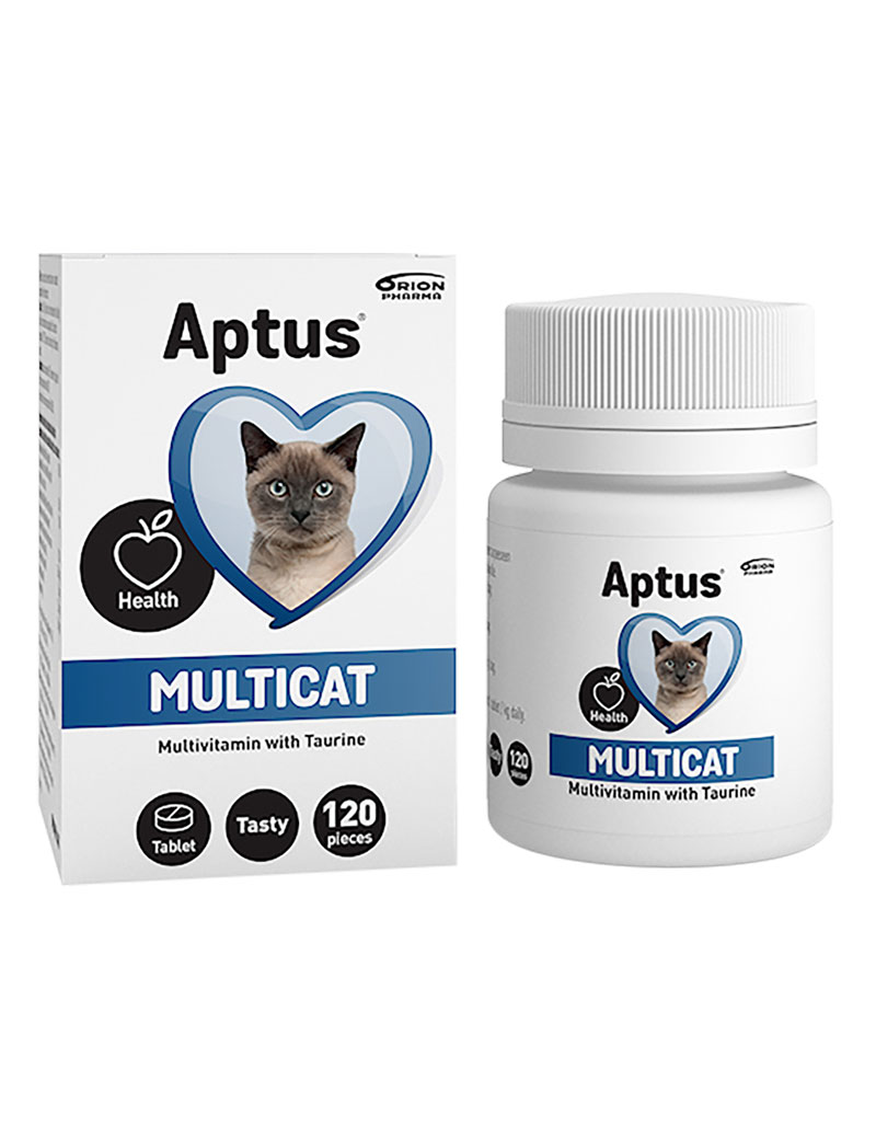 Framsidan av Aptus Multicat 120 tabletter, vitaminer till katt.