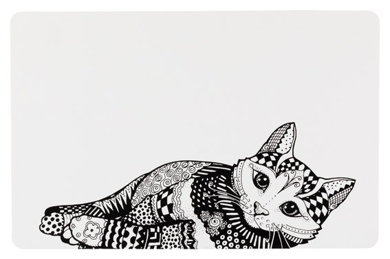 Ett svartvitt matskålsunderlägg med en söt illustrerad katt.