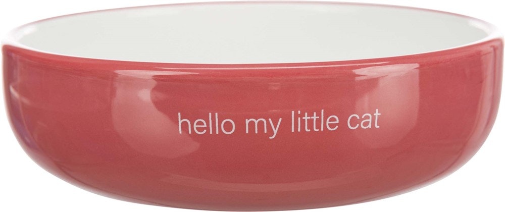 En röd och vit matskål för katter med texten "Hello my little cat".