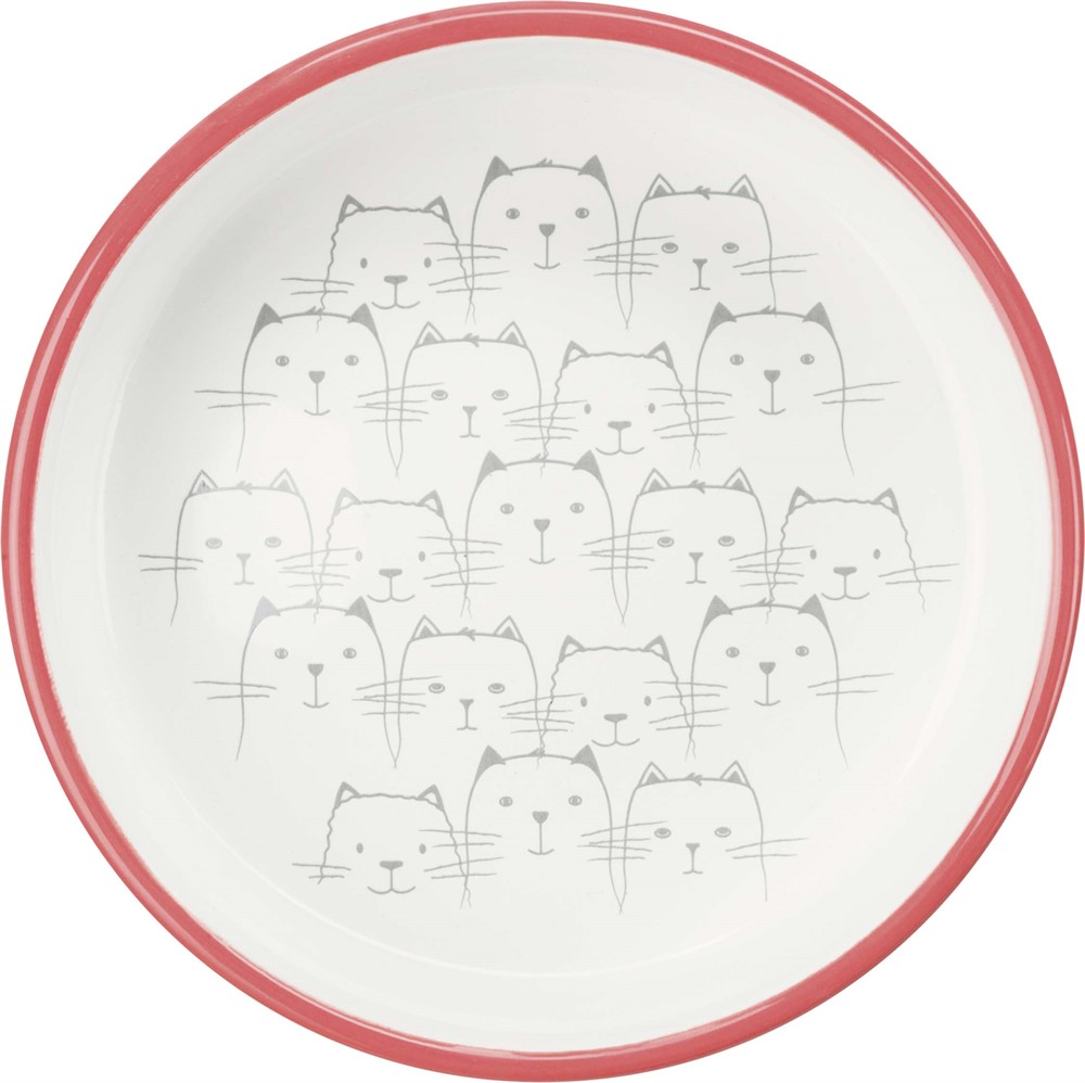 En röd och vitt kattmatskål för katter med kort nos.
