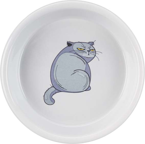 En vit matskål med en fet liten katt som motiv.