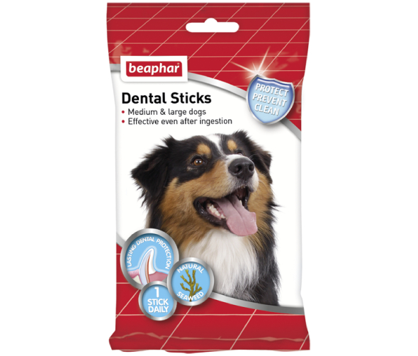 Framsidan av Beaphar Dental Sticks, tuggpinnar för hund.