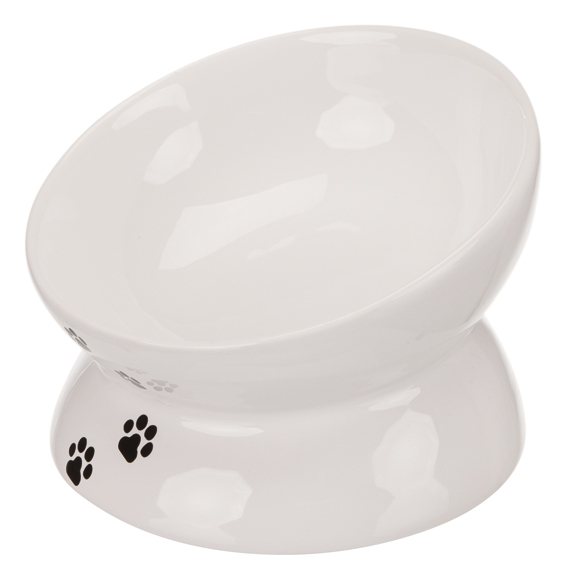 En ergonomisk kattmatskål för katter och hundar. En upphöjd matskål som är vit och har tassavtryck.