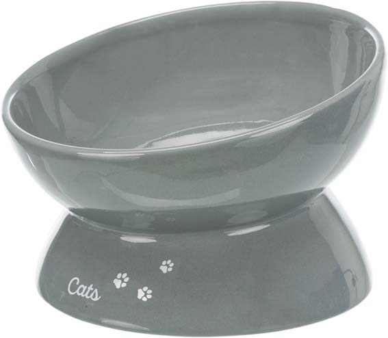 En stor grå upphöjd matskål för hundar och katter, sedd från sidan.