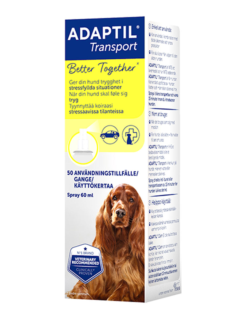 Framsidan av Adaptil Spray Transport, ett lugnande till hund.