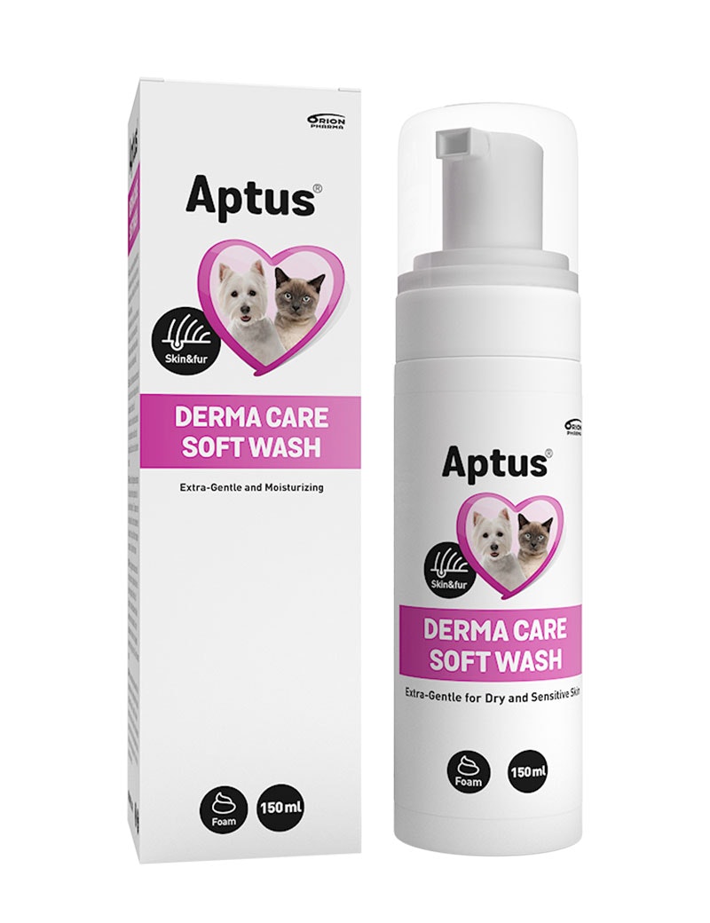 Förpackningen och flaskan för Aptus Derma Care Soft Wash. Både flaskan och förpackningen är vit och rosa.