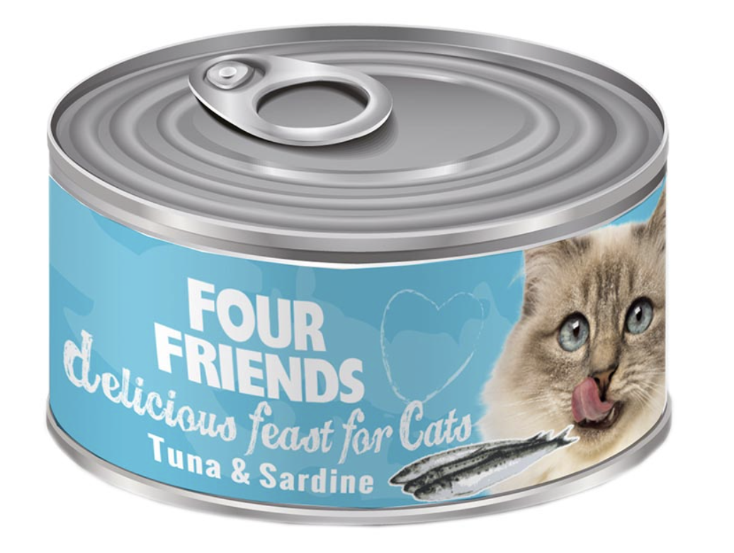 Framsidan av FourFriends burkmat med smak av tonfisk och sardin.