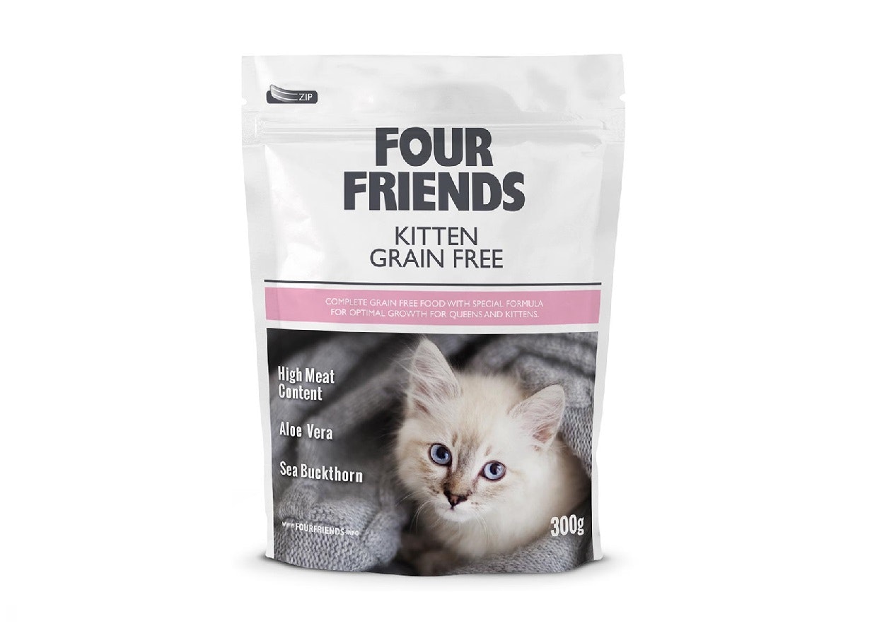 Framsidan av Four Friends Kitten Grain Free 300 gram, ett torrfoder för kattungar.